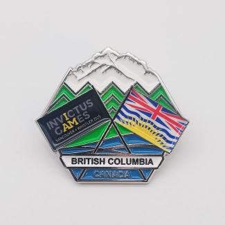 Custom British Columbia Canada Lapel Pin – Invictus Games 2025 Commemorative Badge with Enamel Flags and Mountain Design